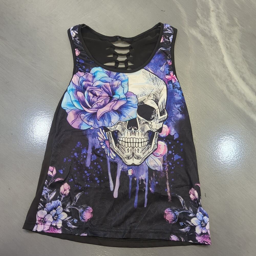Goth Skull & Rose Hollow Out Back Tank Top Size S Y2K Mall Goth Dark Fairy Witch